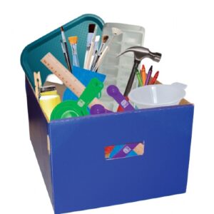 Blue box full of craft supplies